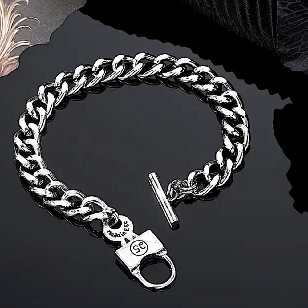 Stainless Steel Lock Bracelet Chain Link Statement Cuban - Picture 1 of 7